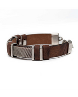 Brown leather bracelet with silver mesh clasp on a white background