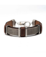 Bracelet with brown leather and silver mesh design on a white background