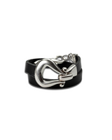 Black leather bracelet with a silver clasp on a white background