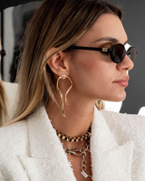 Woman wearing sunglasses and a white coat with gold jewelry.