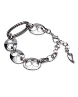 Chunky anchor link bracelet with silver-plated Zamak, featuring carabiner closure and extension chain for adjustable fit.