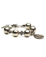 Chunky silver-plated iron ball snake chain cuff bracelet featuring oversized metal beads and a decorative charm.