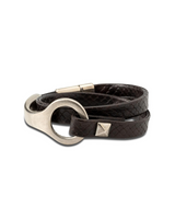 Unisex leather wrap bracelet in dark brown with a silver-plated o-ring cuff, featuring a minimalist design.
