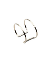 Chunky minimalist metallic open double band cuff bangle in shiny rhodium-plated brass, featuring a simple design.