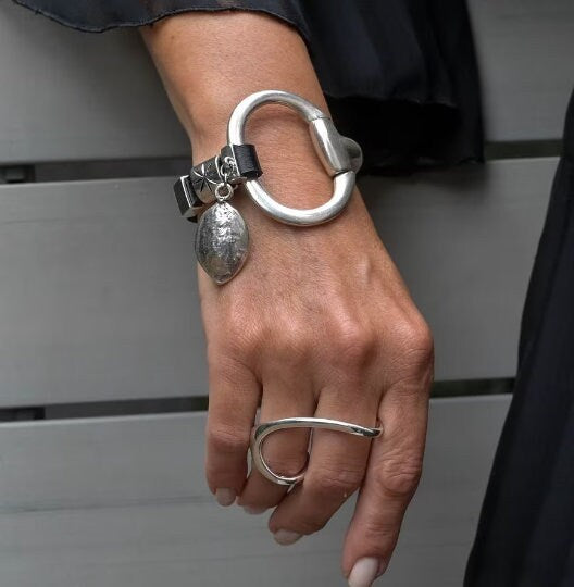 Black leather and horsebit metal cuff bracelet BR 416 Otherwise Jewelry