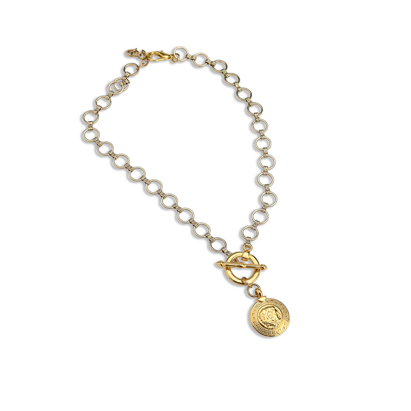 Necklace with gold-plated brass chain and Zamak coin pendant (NC-1121)​