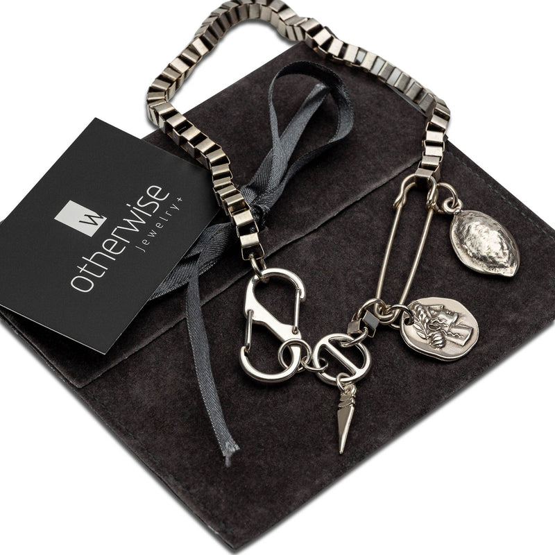 Silver safety pin box chain necklace with pendants (NC-1150)
