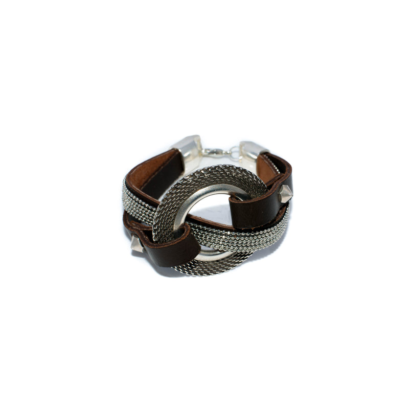 Textured disc bracelet with leather and strass  (BR-186)