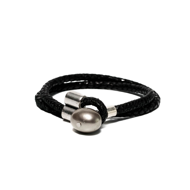 Bracelet - Bracelet With Stitched Black Leather With Shell Pearl  (BR-193)