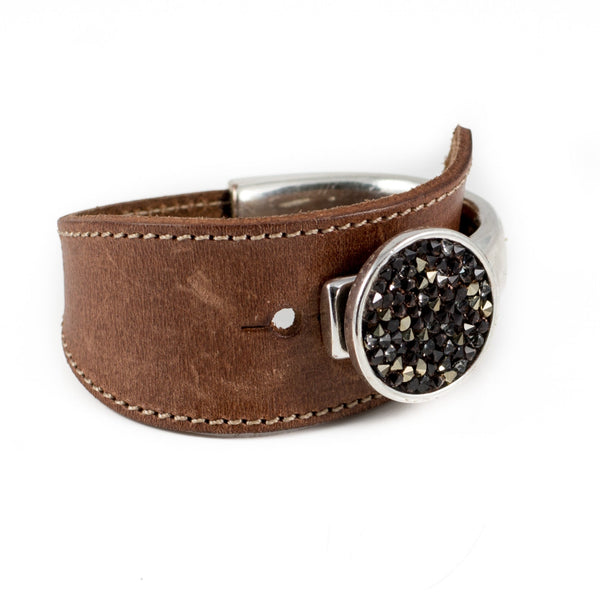 Camel colored leather and metal bracelet with big Swarovski element (BR-249)