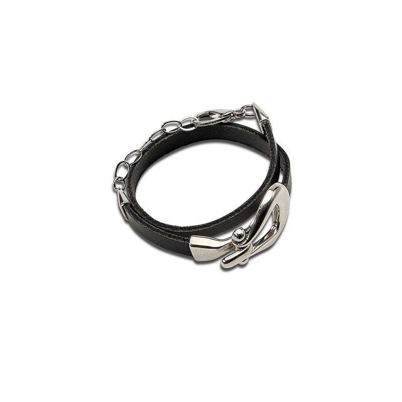Wrap black leather bracelet with design buckle (BR-401)