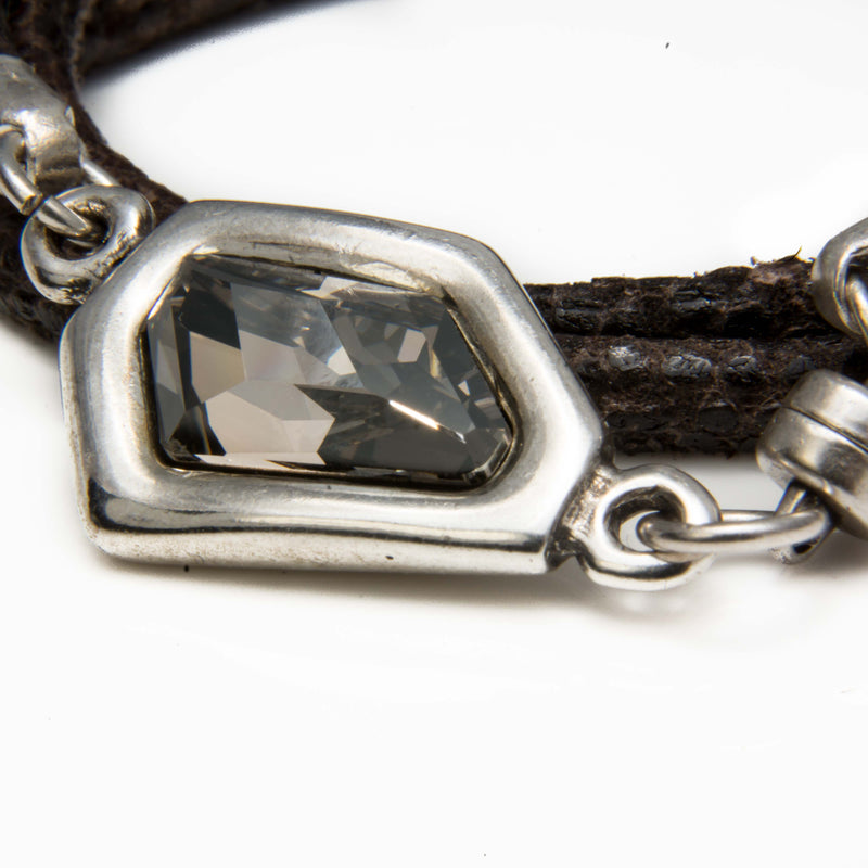 Bracelet - Bracelet In Stitched Leather In Brown Reptile Print With Swarovski Crystal Design (BR-236)