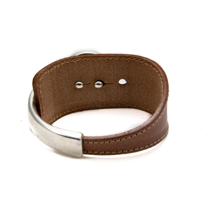 Bracelet - Camel Colored Leather And Metal Bracelet With Big Swarovski Element (BR-249)
