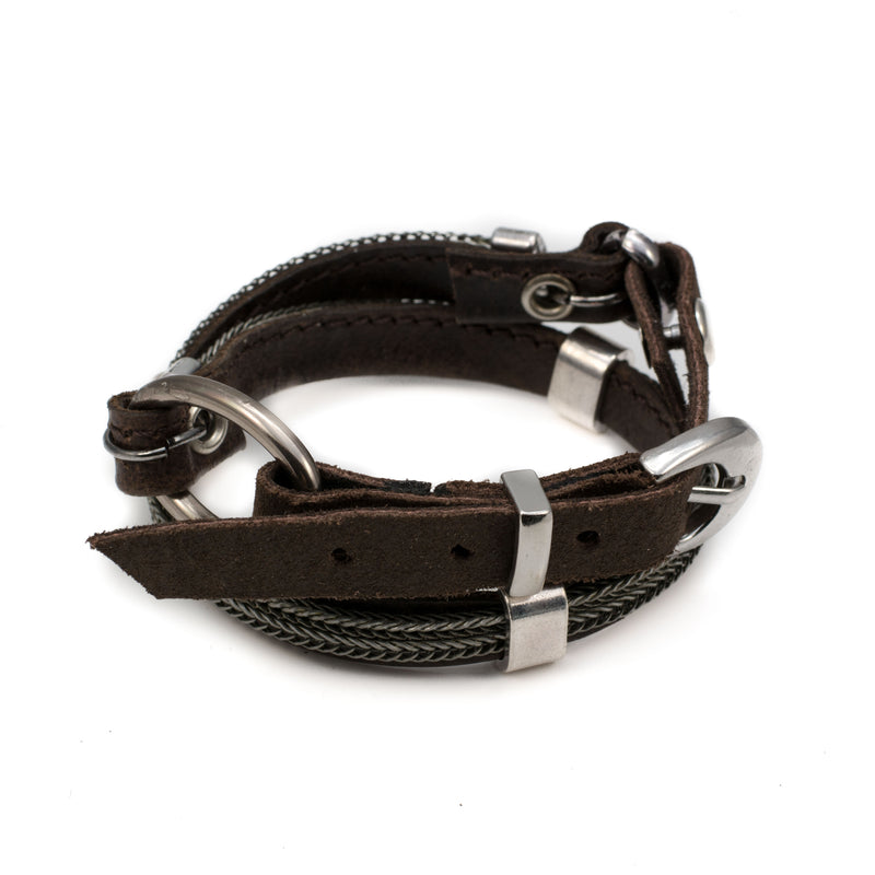 Bracelet with soft dark brown stitched leather and metal elements (M-7021) - Otherwise Jewelry+