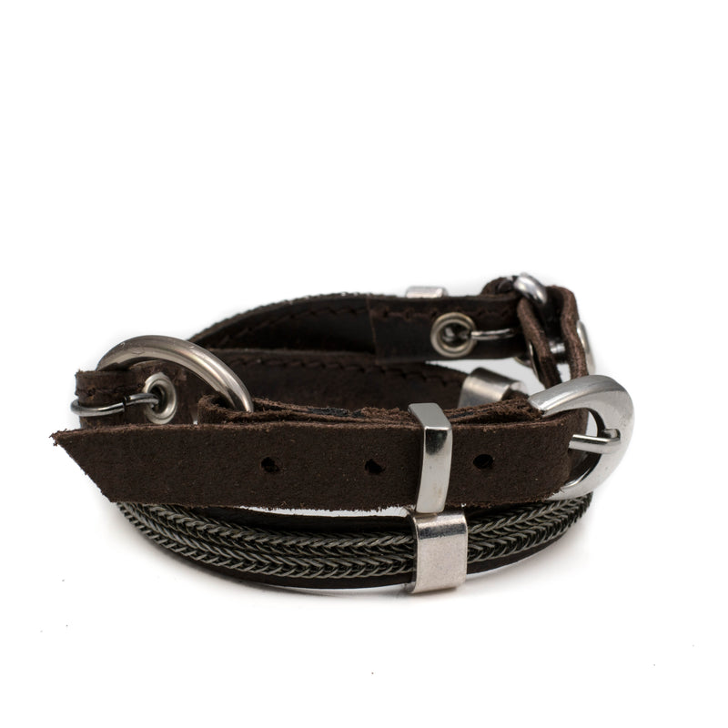 Bracelet with soft dark brown stitched leather and metal elements (M-7021) - Otherwise Jewelry+