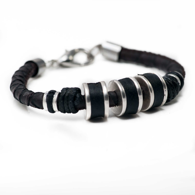 Men’s bracelet with strong silver-plated and leather elements on PU leather (M-7026) - Otherwise Jewelry+ 4