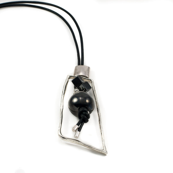 Necklace with asymmetrical silver-plated metal Greek black ceramic bead (NC-1057)