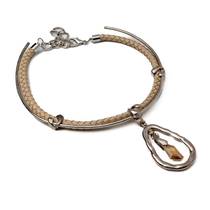 Off-white coloured braided leather necklace with Austrian crystal (NC-1095)