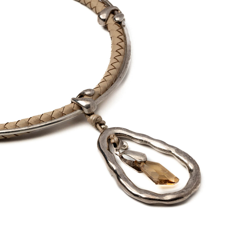 Off-white coloured braided leather necklace with Austrian crystal (NC-1095)