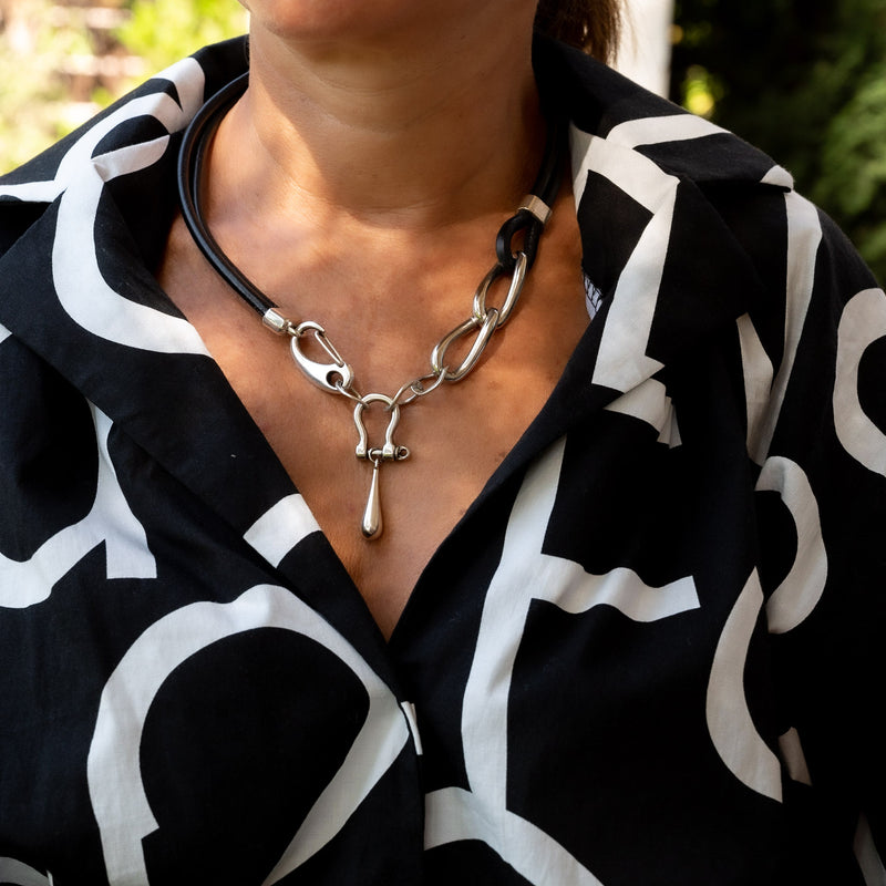 Bold leather and chain collar necklace