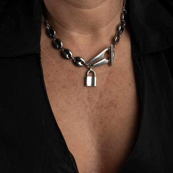 T clasp and Locket necklace, Stainless steel choker with padlock pendant