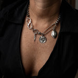 Silver safety pin box chain necklace with pendants, Rock style chunky choker and charms