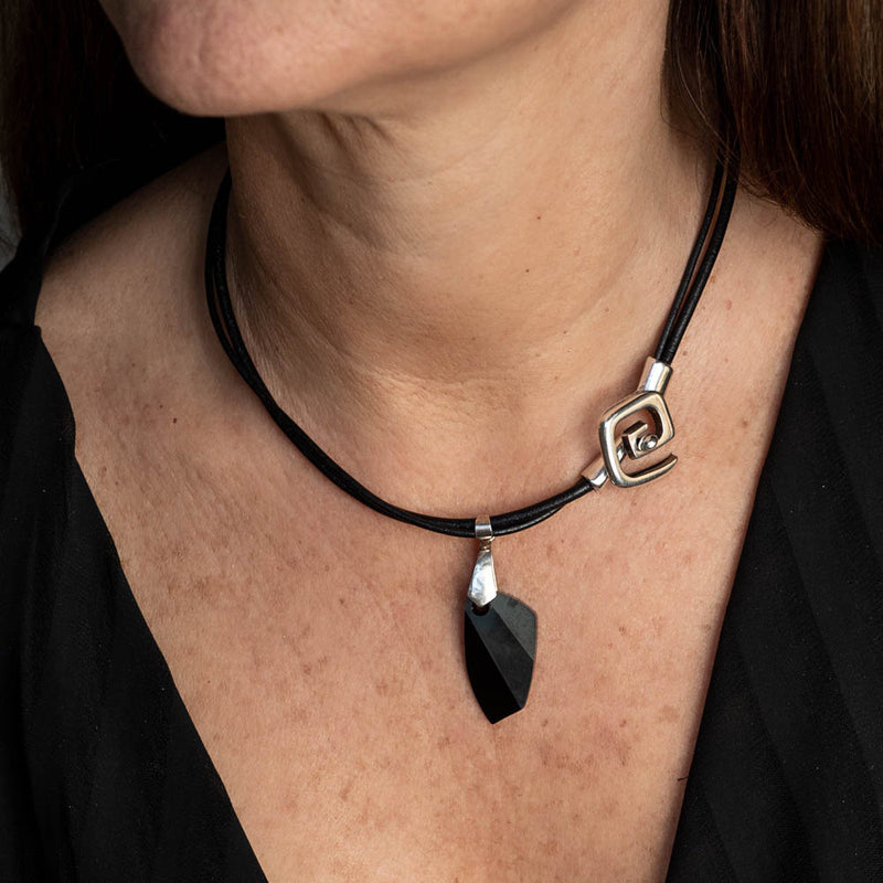 Elegant leather necklace with Austrian crystal pendant, Classy black choker