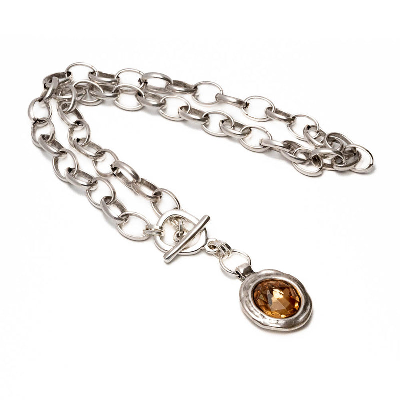 Silver antique plated chunky steel chain with Austrian crystal stone (NC-1204)