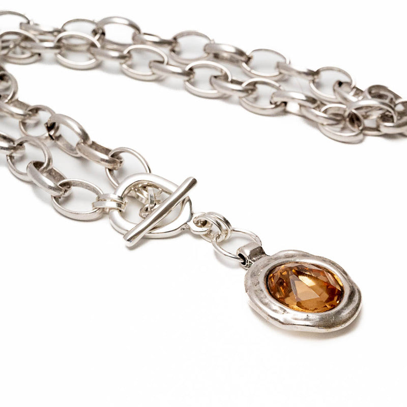 Silver antique plated chunky steel chain with Austrian crystal stone (NC-1204)
