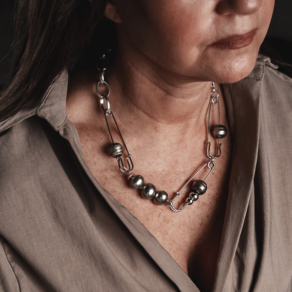 Edgy Chic Shell Pearls and Glass beads Necklace with safety pins and stainless steel chain, Unique Choker,