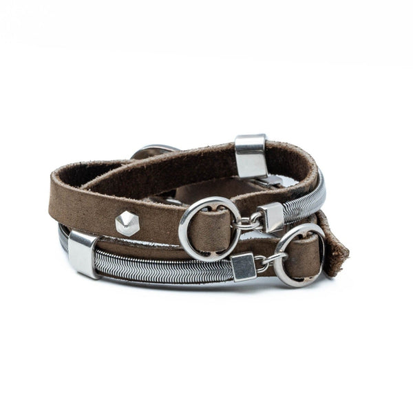 Khaki-beige rough wrap around leather bracelet with chains and buckle  (BR-202)