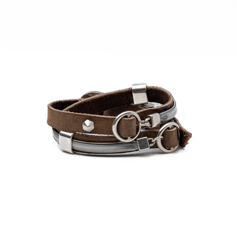Khaki-beige rough wrap around leather bracelet with chains and buckle  (BR-202)