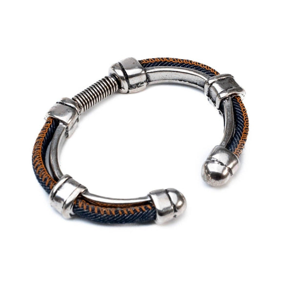 Metal bangle with orange stitched jeans cord (BR-242)