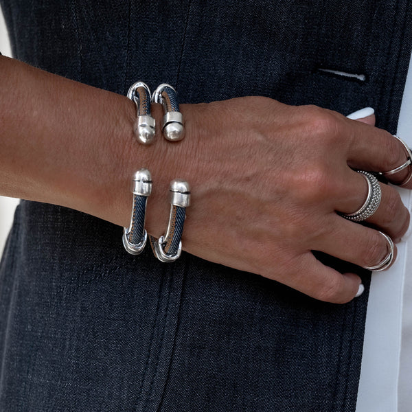 Metal bangle with orange stitched jeans cord (BR-242)
