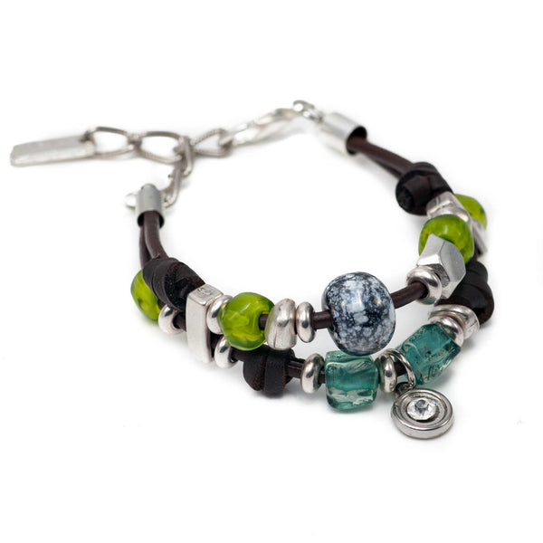 Silver beaded bracelet with irregular resin colored stones in marbled apple green (BR-271)