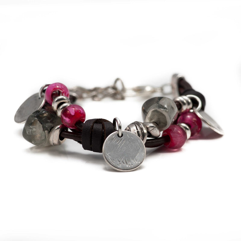 Silver beaded bracelet with resin irregular stones in marbled plum color (BR-272)
