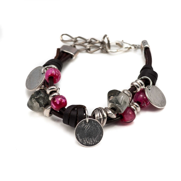 Silver beaded bracelet with resin irregular stones in marbled plum color (BR-272)