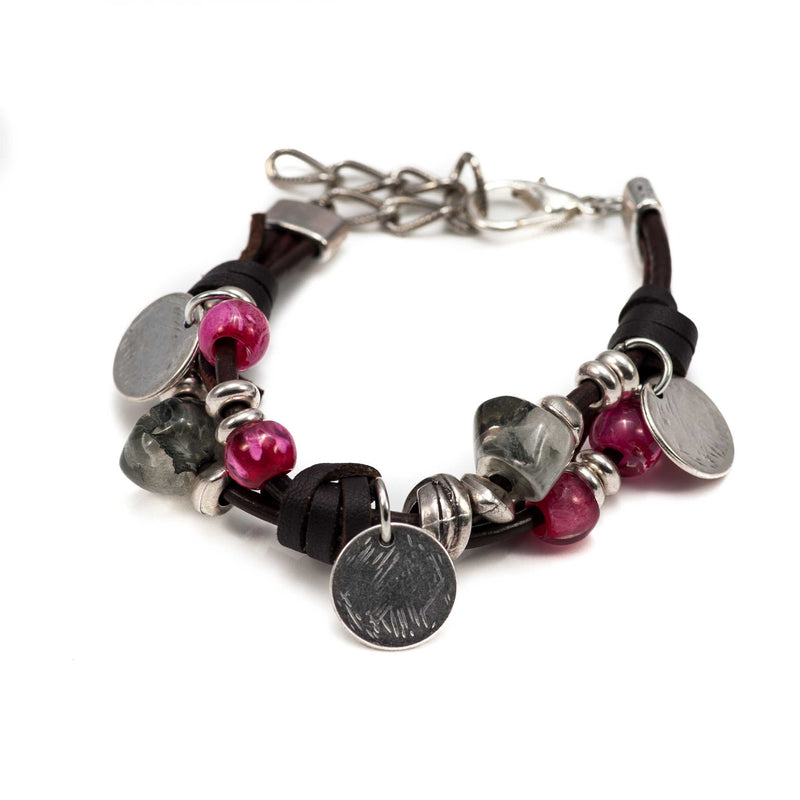 Silver beaded bracelet with resin irregular stones in marbled plum color (BR-272)