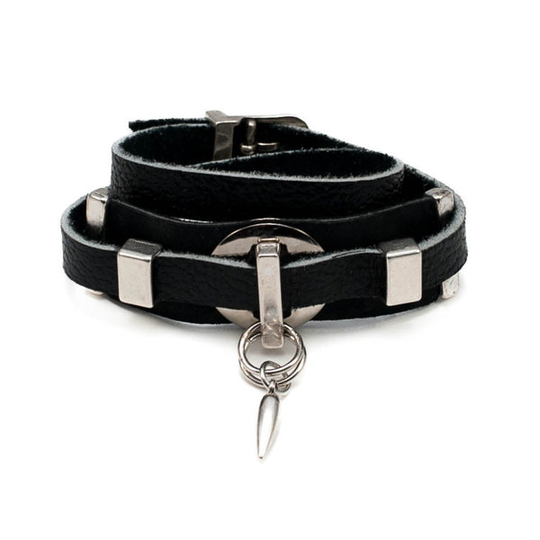 Black leather bracelet with silver-plated designs (BR-273)