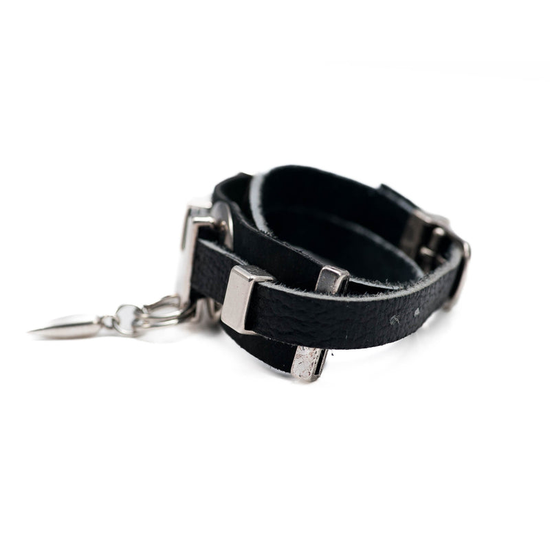 Black leather bracelet with silver-plated designs (BR-273)