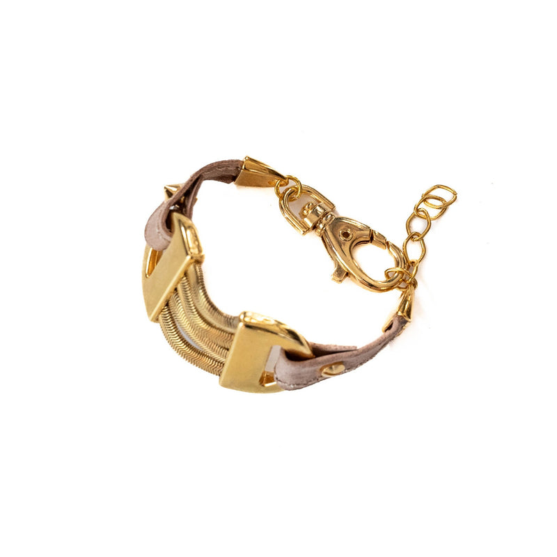 Edgy gold snake chains bracelet with beige leather (BR-388)