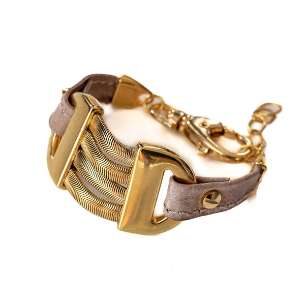 Edgy gold snake chains bracelet with beige leather (BR-388)