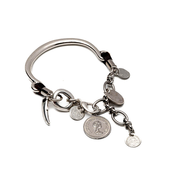 Silver Charm Bracelet, leather and metal bracelet with coins (BR-406)