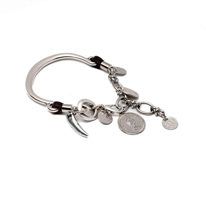 Silver Charm Bracelet, leather and metal bracelet with coins (BR-406)