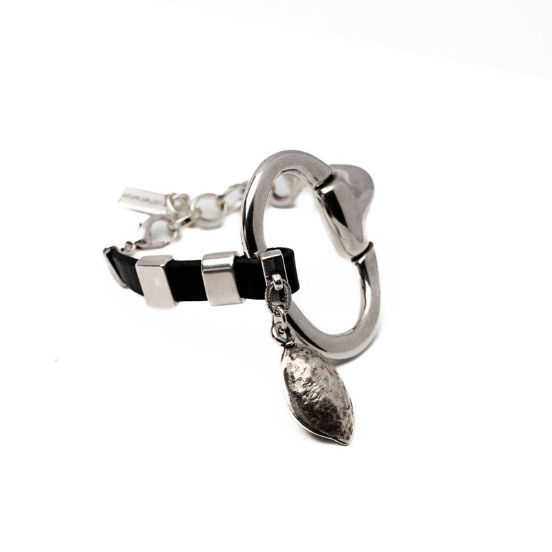 Black leather and horsebit metal, cuff bracelet (BR-416)