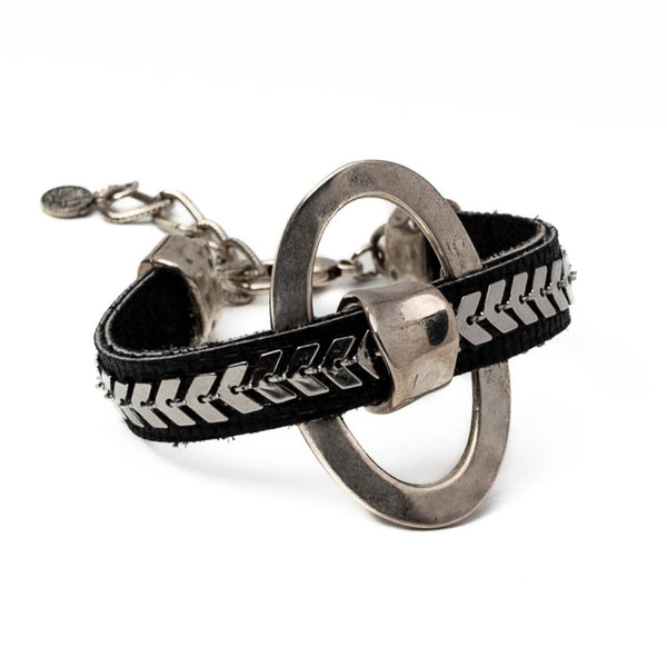 Stainless steel chain on leather bracelet (BR-440)