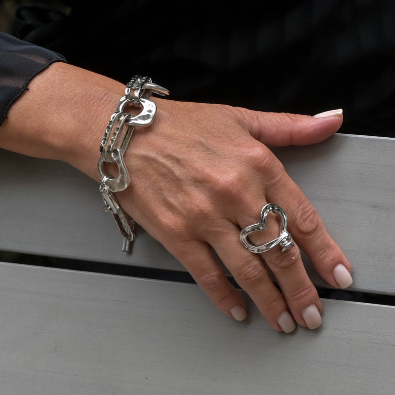 Bracelet made of antique silver hammered links and chain (BR-451)
