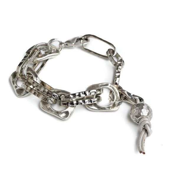 Bracelet made of antique silver hammered links and chain (BR-451)