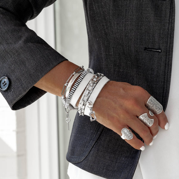 Wrap around leather bracelet with chains, wrap hematites bracelet, and silver bangle (BR-455, BR-470, BR-134)