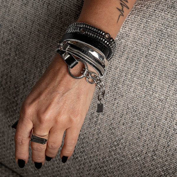 Black leather with stainless steel chains bracelet  (BR-456)